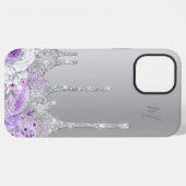 紫の花と銀のギラギラした雫のモノグラム iPhoneケース (裏面横)