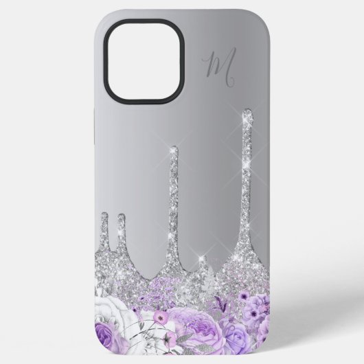 紫の花と銀のギラギラした雫のモノグラム iPhoneケース (裏面)