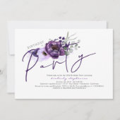 紫の花と銀のグリッター誕生日パーティー 招待状 (正面)