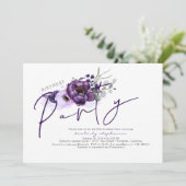 紫の花と銀のグリッター誕生日パーティー 招待状 (スタンド正面)