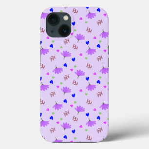 紫の花と青いハート iPhone 13ケース
