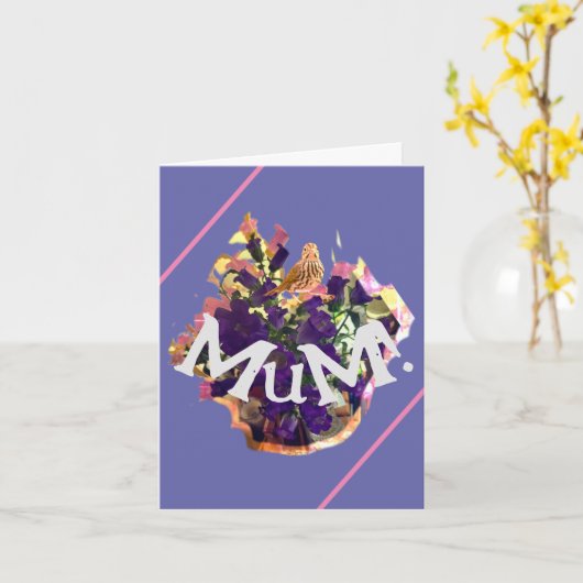 紫の花と鳥 カード (黄色い花)