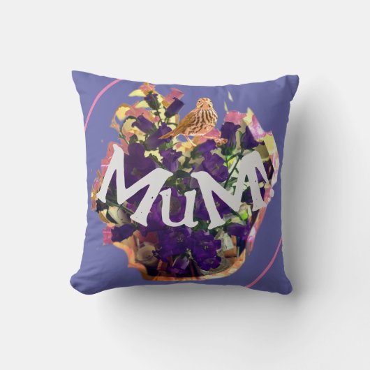 紫の花と鳥 クッション (正面)