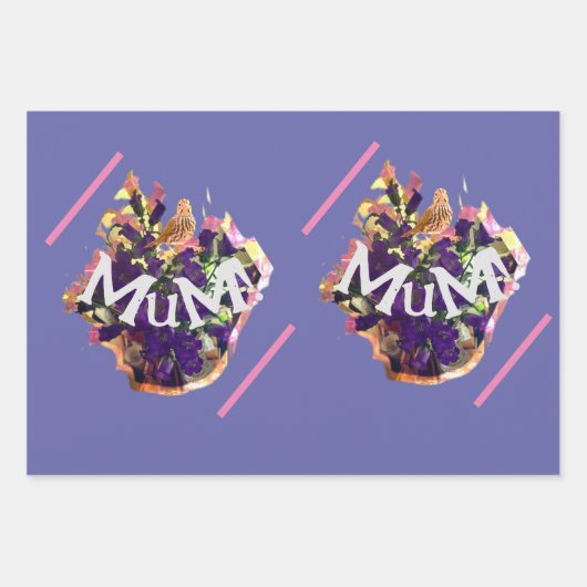 紫の花と鳥 ラッピングペーパーシート (正面)