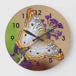紫の花に白い孔雀の蝶 ラージ壁時計