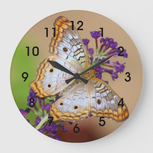 紫の花に白い孔雀の蝶 ラージ壁時計 (正面)
