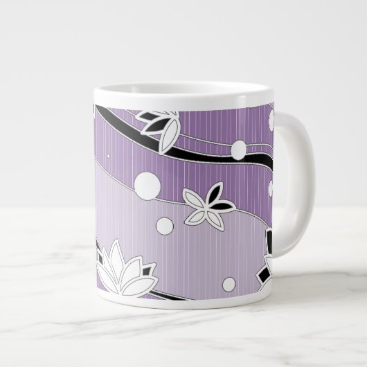 紫の花に白い蓮のストライプ花 ジャンボコーヒーマグカップ (正面右)