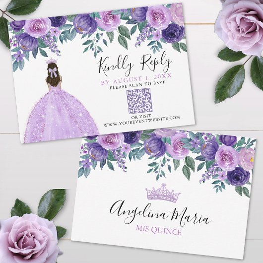 紫の花のクィンセイェーラQRコードRSVP 出欠カード