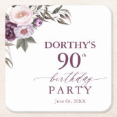 紫の花のスクリプト 90歳の誕生日  スクエアペーパーコースター (正面)