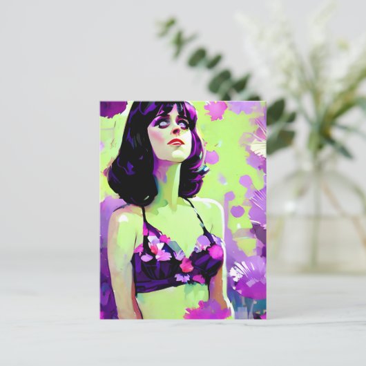 紫の花のパワー レトロな女性の絵 ポストカード (スタンド正面)