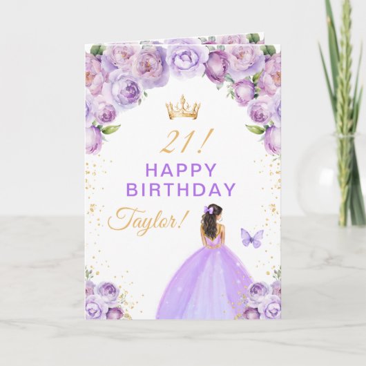 紫の花のブラウンヘアの女の子お誕生日おめでとう カード (正面)