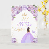 紫の花のブラウンヘアの女の子お誕生日おめでとう カード (黄色い花)