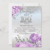 紫の花のラメシルバー 100歳の誕生日お祝いギフト 招待状 (正面)