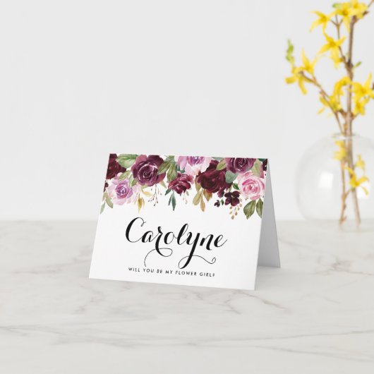 紫の花の写真　あなたは私のフラワーガールになってくれる？ カード (黄色い花)