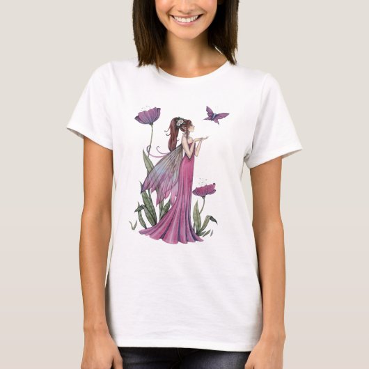 紫の花の妖精と蝶の幻想芸術 Tシャツ (正面)