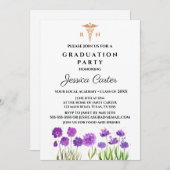 紫の花の看護師の卒業タイポグラフィ 招待状 (正面/裏面)