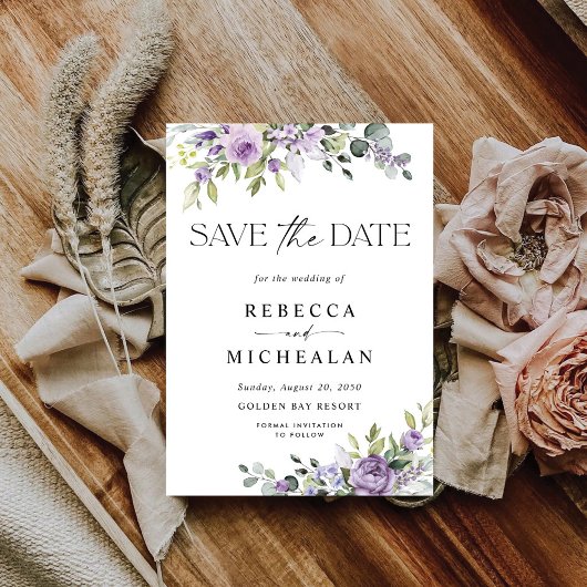 紫の花の結婚式 Save The Date 招待状