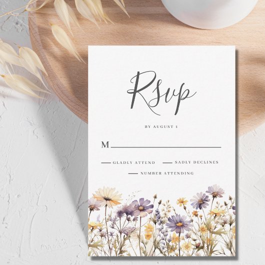 紫の花の結婚式RSVPカード 出欠カード