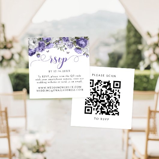 紫の花の結婚式RSVPQRコード エンクロージャーカード