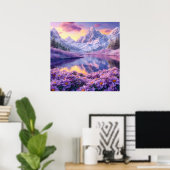 🌄 紫の花の草原の高山の湖の夢のような夕焼け ポスター (ホームオフィス)