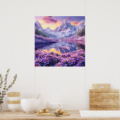 🌄 紫の花の草原の高山の湖の夢のような夕焼け ポスター (キッチン)