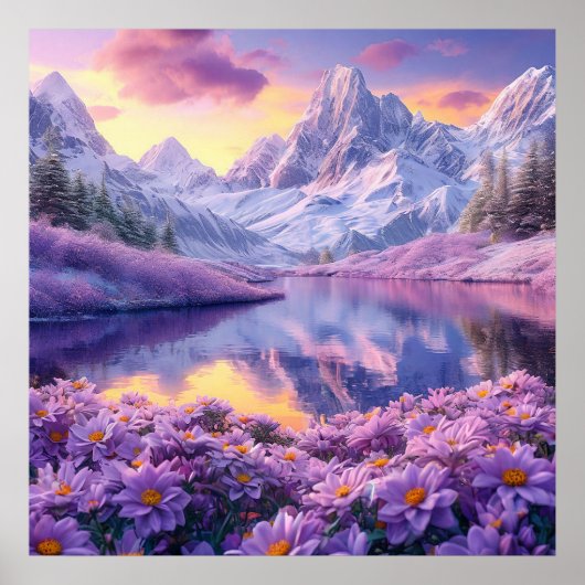 🌄 紫の花の草原の高山の湖の夢のような夕焼け ポスター (正面)