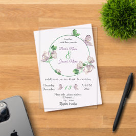 紫の花の離れ緑の蝶結婚の アクリル招待状