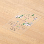 紫の花の離れ緑の蝶結婚の アクリル招待状 (レイダウン)