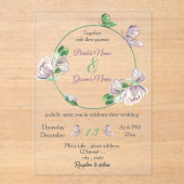 紫の花の離れ緑の蝶結婚の アクリル招待状 (正面)