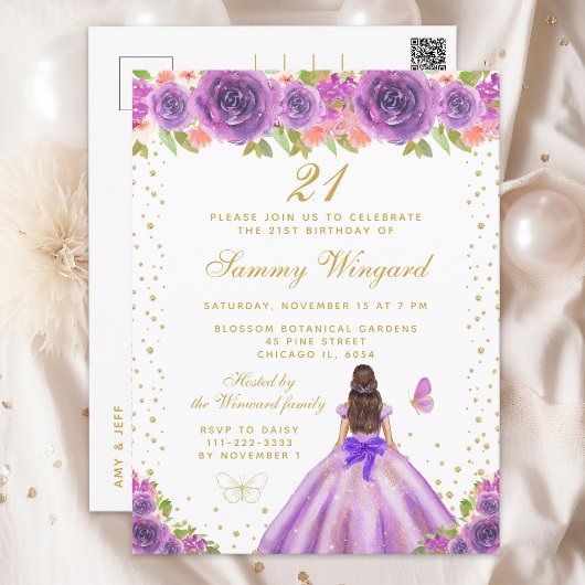 紫の花の飾り髪のプリンセス誕生日 ポストカード