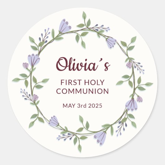 紫の花リース第一聖餐式 ラウンドシール (正面)