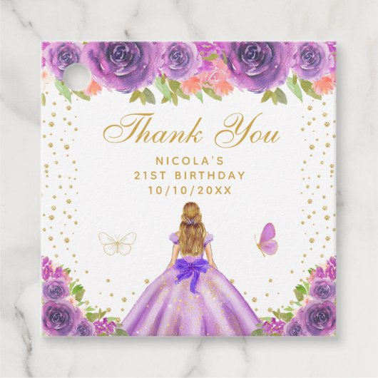 紫の花嫁風の金髪プリンセスの誕生日パーティー フェイバータグ (正面)