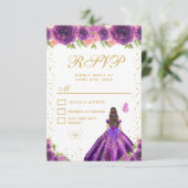 紫の花嫁風の黒髪のプリンセス スイートシックスティーン 出欠カード (スタンド正面)