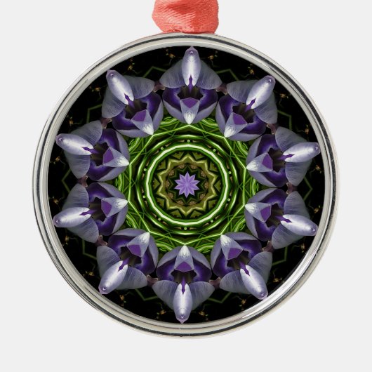 紫の花曼荼羅カレイドスコープアート メタルオーナメント (正面)
