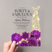 紫の花柄とゴールドのドレス 40歳の誕生日パーティー アクリル招待状 (インサイチュ (ポータブル))