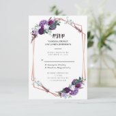 紫の花柄とローズゴールドの幾何学模様の結婚式RSVP 招待状 (スタンド正面)