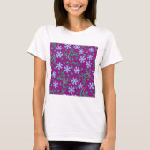 紫の花柄と青い花 Tシャツ (正面)