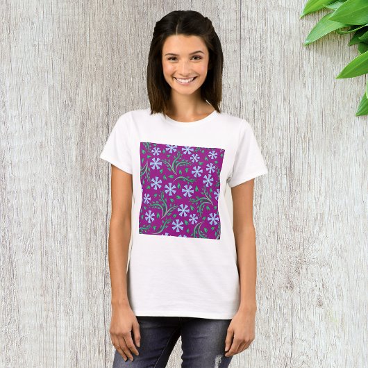 紫の花柄と青い花 Tシャツ