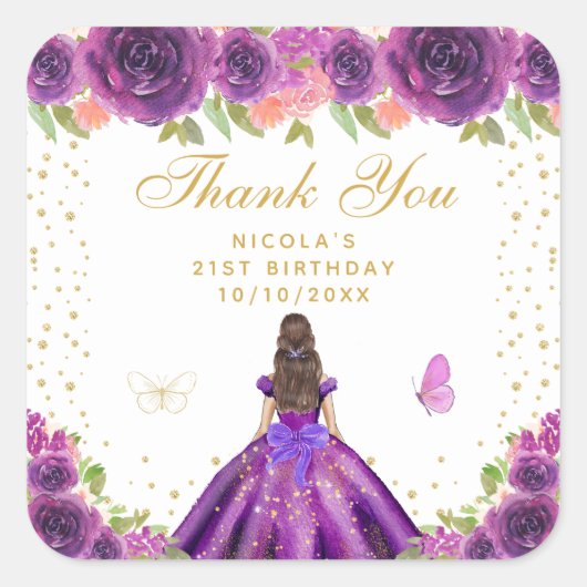 紫の花柄のダークヘアのプリンセスの誕生日 スクエアシール (正面)