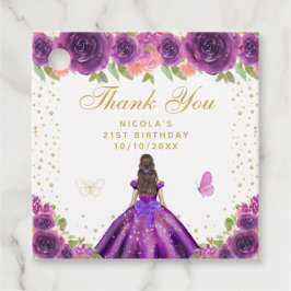 紫の花柄のダークヘアのプリンセスの誕生日 フェイバータグ