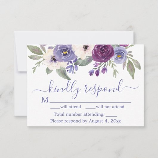 紫の花柄の結婚式招待状 RSVP カード (正面)