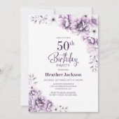 紫の花柄の50歳の誕生日パーティー 招待状 (正面)