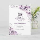 紫の花柄の50歳の誕生日パーティー 招待状 (スタンド正面)