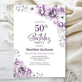 紫の花柄の50歳の誕生日パーティー 招待状