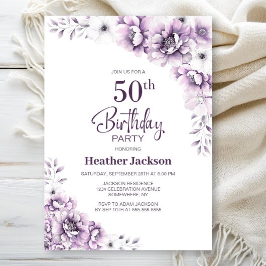 紫の花柄の50歳の誕生日パーティー 招待状