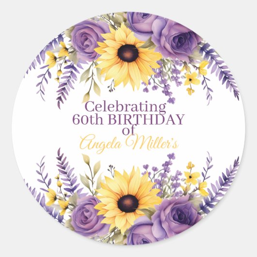 紫の花柄の60歳の誕生日パーティー ラウンドシール (正面)