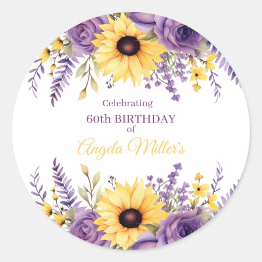 紫の花柄の60歳の誕生日パーティー ラウンドシール (正面)