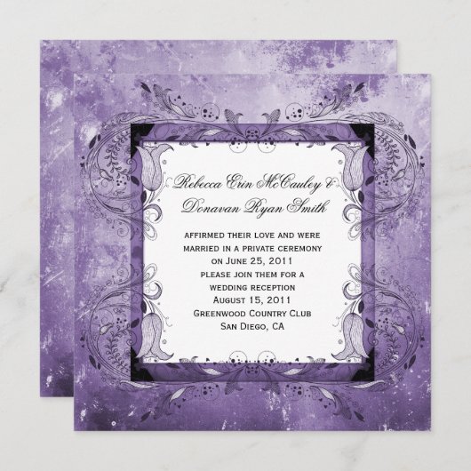 紫の花柄グレンジ結婚式後のお祝い 招待状 (正面/裏面)