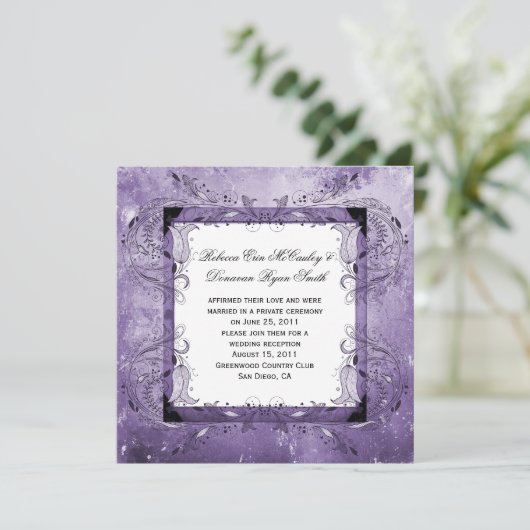 紫の花柄グレンジ結婚式後のお祝い 招待状 (スタンド正面)
