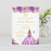 紫の花柄ブロンドヘアのプリンセスの誕生日パーティー 招待状 (スタンド正面)